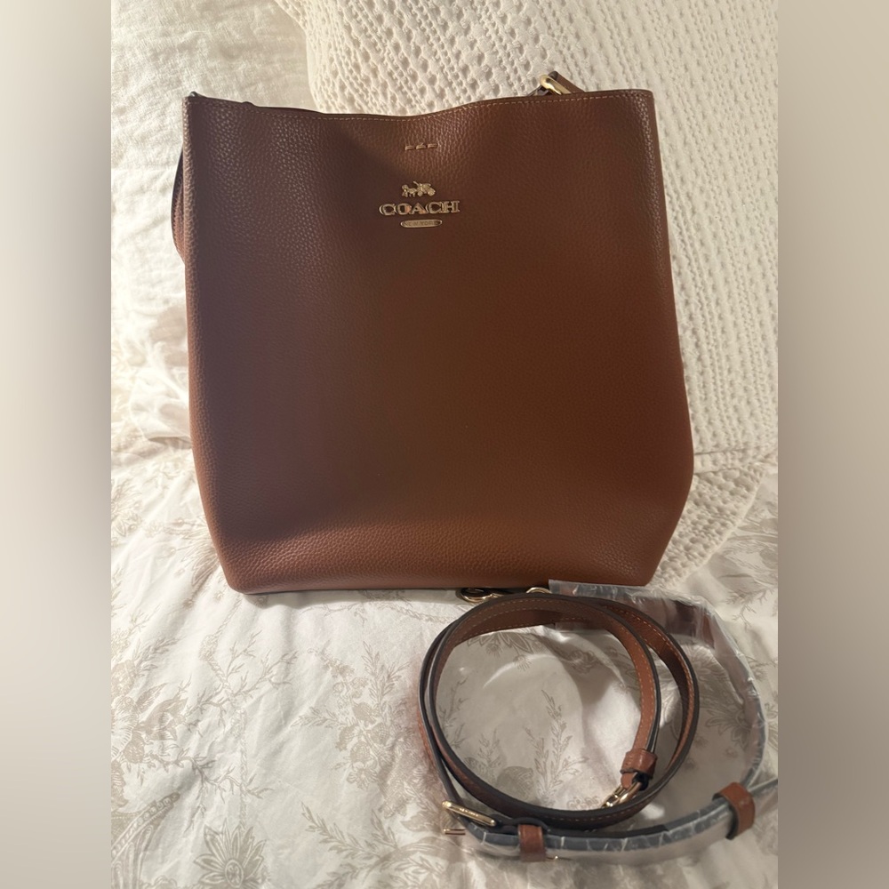 Coach Brown Pebbled Leather Bucket Bag with Adjustable Strap